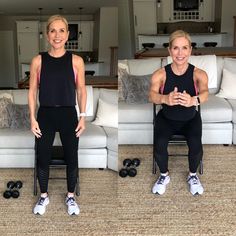 two women are sitting on rollers in front of a couch and one has her arms crossed