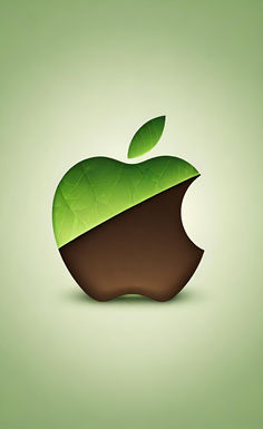 an apple logo with green leaves on the side and brown bottom, against a light green background