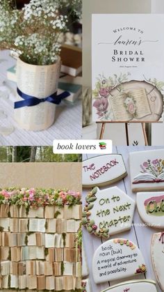 the collage has pictures of decorated cookies and flowers in vases, books with names on them