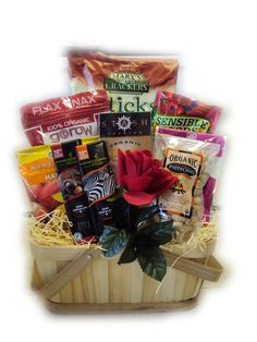 a basket filled with lots of food and snacks