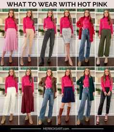 Colors That Go With Hot Pink Clothes, Colourful Workwear, Pink Color Combinations Outfit, Hot Pink Pants Outfit, Pink Capsule Wardrobe, Pink Top Outfit, Pink Shirt Outfit, Hot Pink Outfit, Hot Pink Pants