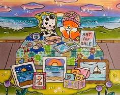 a painting of a table with items on it, including an art for sale sign