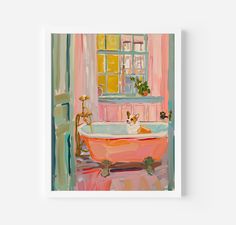 a painting of a dog sitting in a bathtub next to a window with pink curtains