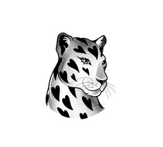 a black and white drawing of a tiger with hearts on it's face,