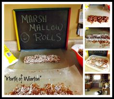 the process of making marshmallow rolls is shown in several different pictures, including dough and sprinkles