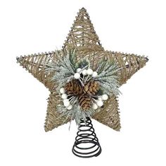 a star shaped decoration with pine cones and berries on it's side, hanging from a wire