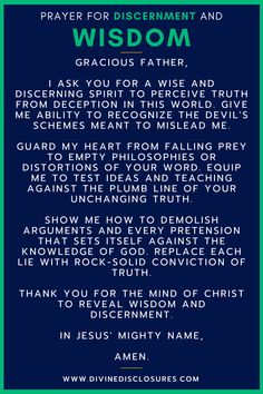 a poem written in blue and green with the words, prayer for discernment and wisdom