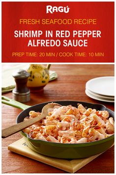 an advertisement for fresh seafood recipe shrimp in red pepper alfredo sauce