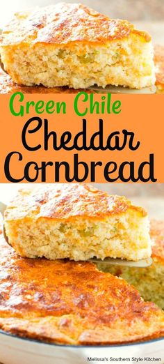 green chile cheddar cornbread is cut in half and stacked on top of each other