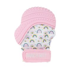 a pink oven mitt with rainbows on it