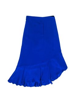 Be bold in cobalt blue with this wrap skirt by Rodebjer! A fun and flirty bright blue with a ruffle design on the hem of a traditional wrap. She is made of high quality crepe material which makes for a beautiful flowing silhouette. Pair this beauty with your go-to neutral sweater and on-trend tall boots for a bright yet festive fall outfit! Size S 100% Viscose Wrap close with buttons Unlined Ruffle hem Waist 31" Total length 36" Elegant Blue Ruffled Bottoms, Elegant Ruffled Blue Bottoms, Fitted Asymmetrical Blue Bottoms, Blue Ruffled Skirt For Party, Chic Blue Ruffled Skirt, Blue Skirt With Ruffle Hem, Chic Blue Skirt With Ruffles, Blue Ruffled Bottoms For Party, Blue Ruffle Hem Skirt