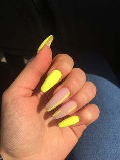 Nails Acrylic Neon Yellow, Spring Nail Inspo 2023 Square, Neon Yellow Coffin Nails, Neutral Nails With Neon Accent, Neon Yellow Gel Nails, Neon Nails Yellow, Long Neon Nails, Neon Yellow Nail Art, Neon Yellow Nails Designs