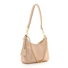 This is an authentic PRADA Re-Nylon Ostrich Mini Shoulder Bag in Cammeo. This Prada handbag is crafted of nylon and ostrich leather in beige with polished gold plated hardware. The bag features a ostrich leather shoulder strap and a gold chain strap. The top zipper opens to a beige jacquard fabric interior. Prada Handbag, Ostrich Leather, Prada Handbags, Mini Shoulder Bag, Jacquard Fabric, Chain Strap, Gold Chain, Gold Chains, Prada