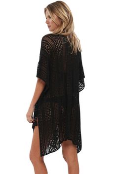 This cute and stylish swimsuit cover up is the perfect "go to" for this upcoming summer! Designed with see-through, detailed knit pattern and comfortable loose fit. Features include wider sleeves and lace up sides with tassel tie closure. 80% Cotton, 20% Polyester Beautiful crochet beachwear for women Kimono beach dress in comfortable loose fit Chic crochet knit with side split and tassel tie detail Popular and stylish summer garment Size Chart Size Bust Waist Hip Length One Size 60" 60" 60" 30" Crochet Beachwear, Black Beachwear, Coverup Swimsuit, Tiered Dresses, Cover Beachwear, Womens Kimono, One Piece Suit, Black Crochet, Beachwear For Women