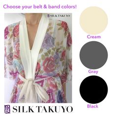 This is a soft yellow long kimono robe with gorgeous purple iris design. Inspired by vintage Japanese kimono design, this one of a kind tie-front kimono is designed with modern lines for a thoroughly updated feel while playing with a vintage feel. * Belt is a soft chiffon belt. * Pick your belt and band colors: Black, Off White, Gray. * Pick your fabric: Sheer Poly Chiffon or Cozy Jersey. * the loops for the belt are discreet clear thin strips. They stops chiffon belt from easily slipping away. Hawaiian Nature, Short Kimono Robe, Knit Cozy, Japanese Crane, Blue Kimono, Japanese Koi, Kimono Robes, Silk Kimono Robe, Red Peonies