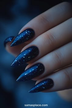 Gothic Blue Nails, Blue Sapphire Nails, Nightcourt Acotar Nails, Dark Blue Ombre Nails, Blue Goth Nails, Aurora Borealis Nails, Midnight Blue Nails Design, Rune Nails, Night Court Nails