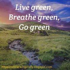 a green field with a stream in the middle and a quote on it that says live green, breathe green, go green