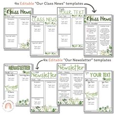 four editable class news templates with green leaves on them and the text below it