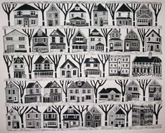 an image of houses and trees drawn in black ink on white paper with the words, house