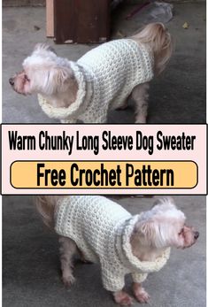 two dogs wearing sweaters with the words warm chunky long sleeve dog sweater free crochet pattern