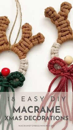 three crocheted christmas ornaments with bows and bells on them, hanging from strings