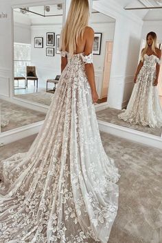 A Line Off the Shoulder Lace Beach Wedding Dress Mad Outfits, Cyprus Wedding, Boho Styl, Cute Wedding Dress, Lace Beach Wedding Dress, Evening Gown Dresses, Dream Wedding Ideas Dresses, Cute Wedding Ideas