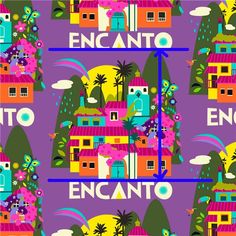 an image of the word encanto on a purple background with colorful houses and trees