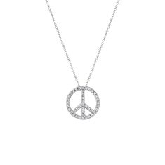 Diamond Peace Sign Necklace Diamonds: 0.33ctw Diamond Color: G-H Diamond Clarity: SI1-SI2 Pendant Length: 15.5mm (0.61in) Pendant Width: 15.5mm (0.61in) Pendant Type: Sliding Bail Type: Hidden Bail Chain Length: 16 inches Chain Style: Diamond-Cut Cable Chain Width: 1mm Clasp Type: Spring Ring Available Color: 14KY, 14KW If in-stock, this item will ship within 1-5 business days. However, if out-of-stock, this item will be made to order. Please allow up to 3 weeks for item to ship. For rush order Symbolic Round Diamond Jewelry, Symbolic Round Necklace For Formal Occasions, Formal Symbolic Round Necklace, Symbolic Diamond Jewelry With Polished Finish, Symbolic White Gold Necklace For Formal Occasions, White Gold Symbolic Necklace For Formal Occasions, Glen Cove, Peace Sign Necklace, Sign Necklace