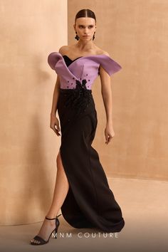 MNM Couture V07428 Fall 2024 evening collection dress. Off Shoulder Evening Gown, Mnm Couture, Plastic Dress, Boutique Couture, Beaded Applique, Dress Cover, Long Gown, Fall 2024, Couture Dresses