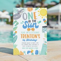 a birthday party card with an image of a pool and beach theme on the front