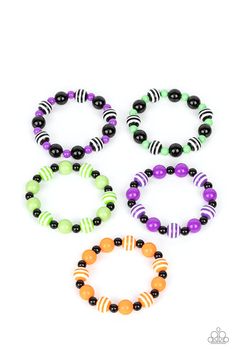 Beads vary in shades and colors purple, orange and two shades of green . All bracelets are on a stretchy elastic band Sold as a set of 5 for $5 Stretchy Beaded Bracelet, Bracelet Pack, Halloween Bracelet, Halloween Beads, Bracelet Kits, Kids Bracelets, Stretchy Bracelets, Paparazzi Accessories, Halloween Coloring