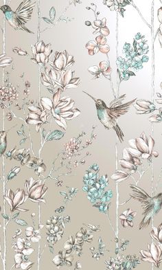 a floral wallpaper with birds and flowers on the side in pastel colors,