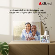 an advertisement for oilpixel's digital oil paintings is displayed on a dresser