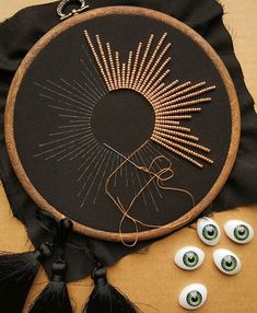 an embroidery project with eyeballs and thread