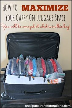 an open suitcase filled with luggage and the words how to minimize your carry on luggage space