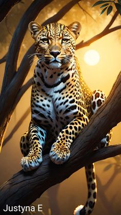 a painting of a leopard sitting on a tree branch with the sun in the background