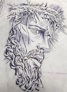 a drawing of the face of jesus wearing a crown of leaves