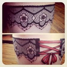 two pictures of a woman's thigh with lace and flowers on it