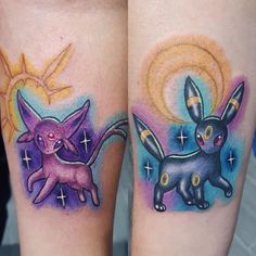 two tattoos on the legs of people with different colored inks and symbols in them