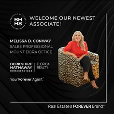 a woman sitting in a leopard print chair with the words welcome to our newest associate