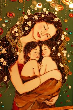 a painting of a mother holding her child in her arms with flowers on the background