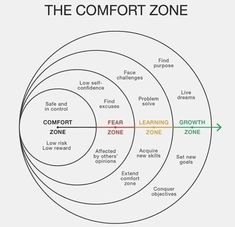 the comfort zone diagram with four circles labeled in different colors and words on each side