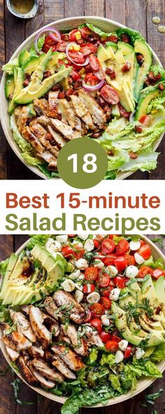 two plates filled with salads and the words best 15 - minute salad recipes on them