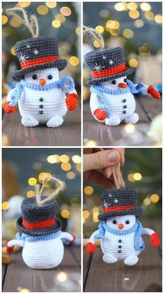 crocheted snowman ornament with hat and scarf