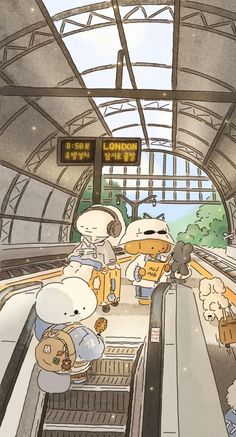 some cartoon characters are riding on an escalator