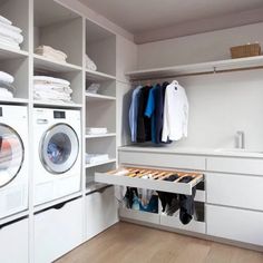 a washer and dryer sitting in a room next to each other on shelves