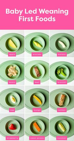 the baby led weaning first foods are shown in different bowls and on plates