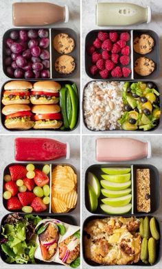 four different trays filled with food including fruit, vegetables and sandwiches on top of each other