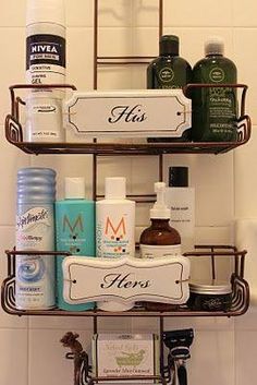 a bathroom shelf filled with lots of personal care products on top of a tiled wall