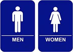 two blue men and women signs on white background